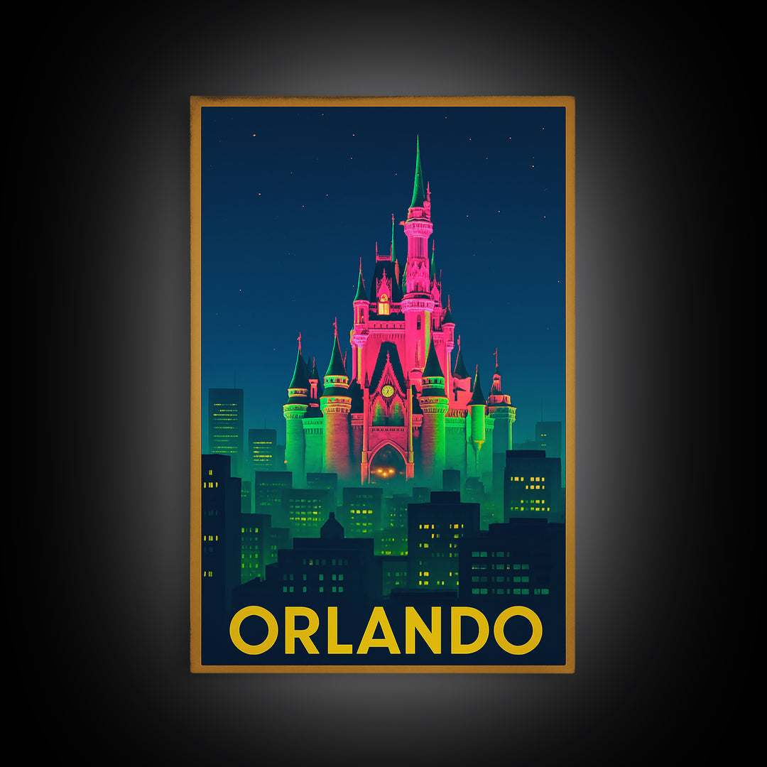 Orlando Florida Travel Poster, Canvas Print, Neon Urban Skyline Wall Art, Orlando Wall Art, Home Office Decor, Retro Travel Print, Art Print