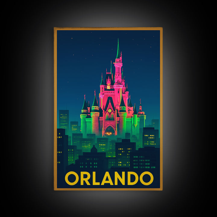 Orlando Florida Travel Poster, Canvas Print, Neon Urban Skyline Wall Art, Orlando Wall Art, Home Office Decor, Retro Travel Print, Art Print