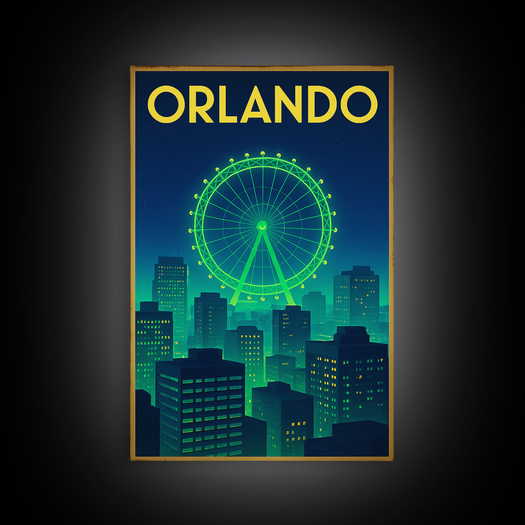 Orlando Travel Poster, Canvas Print, Cyberpunk Style City Art, Orlando City Art, Travel Art Print, Eclectic Wall Decor, City Illustration
