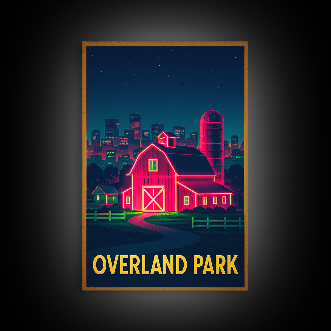 Overland Park Kansas Travel Poster, Canvas Print, Retro Neon Travel Art, Overland Park Art Print, Retro Travel Print, Vintage City Art
