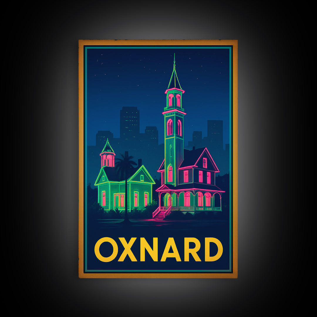 Oxnard California Travel Poster, Canvas Print, Retro Neon Travel Art, Oxnard City Art, Vintage City Poster, Vintage Travel Art, Wall Art