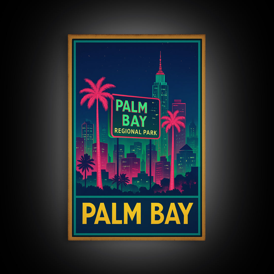 Palm Bay Florida Travel Poster, Framed Canvas Print, Neon Skyline Wall Art, Palm Bay Travel Art, Vintage Travel Art, City Travel Prints