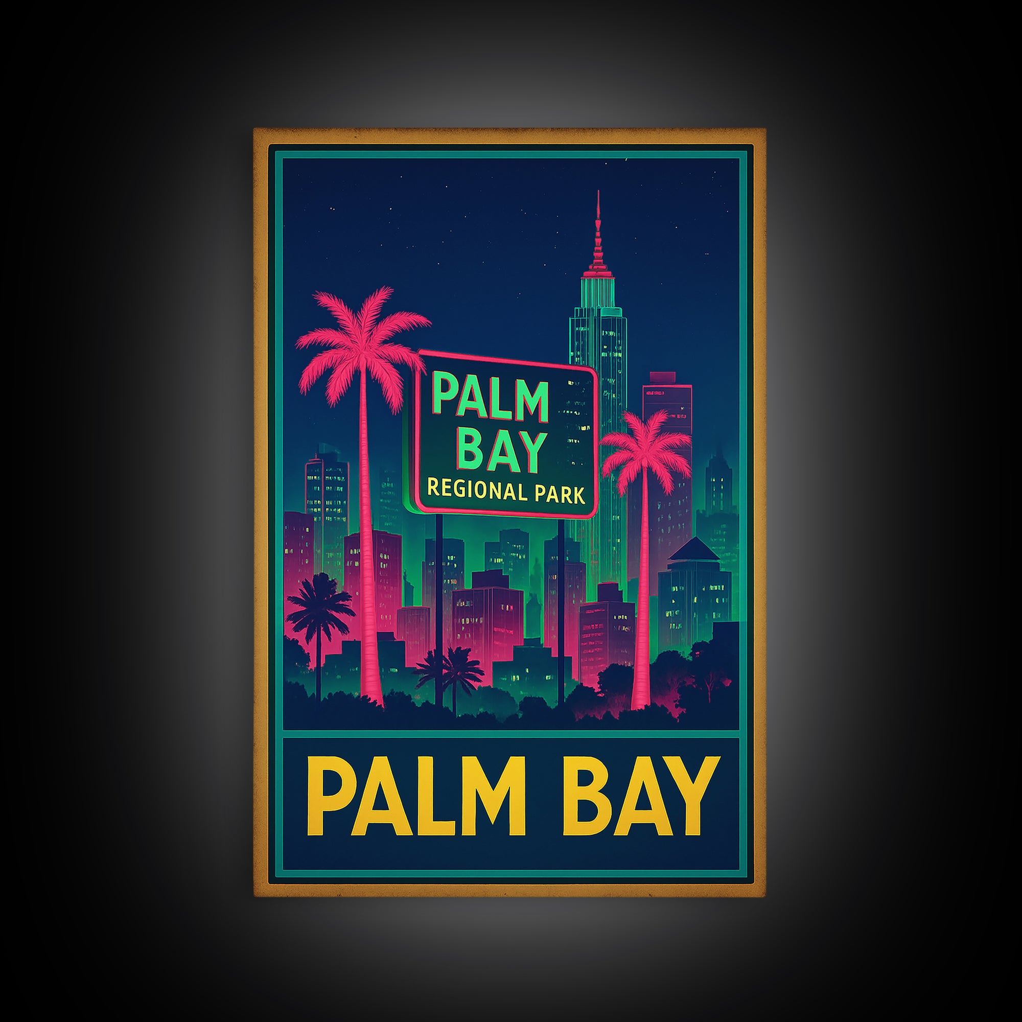 Palm Bay Florida Travel Poster, Framed Canvas Print, Neon Skyline Wall Art, Palm Bay Travel Art, Vintage Travel Art, City Travel Prints