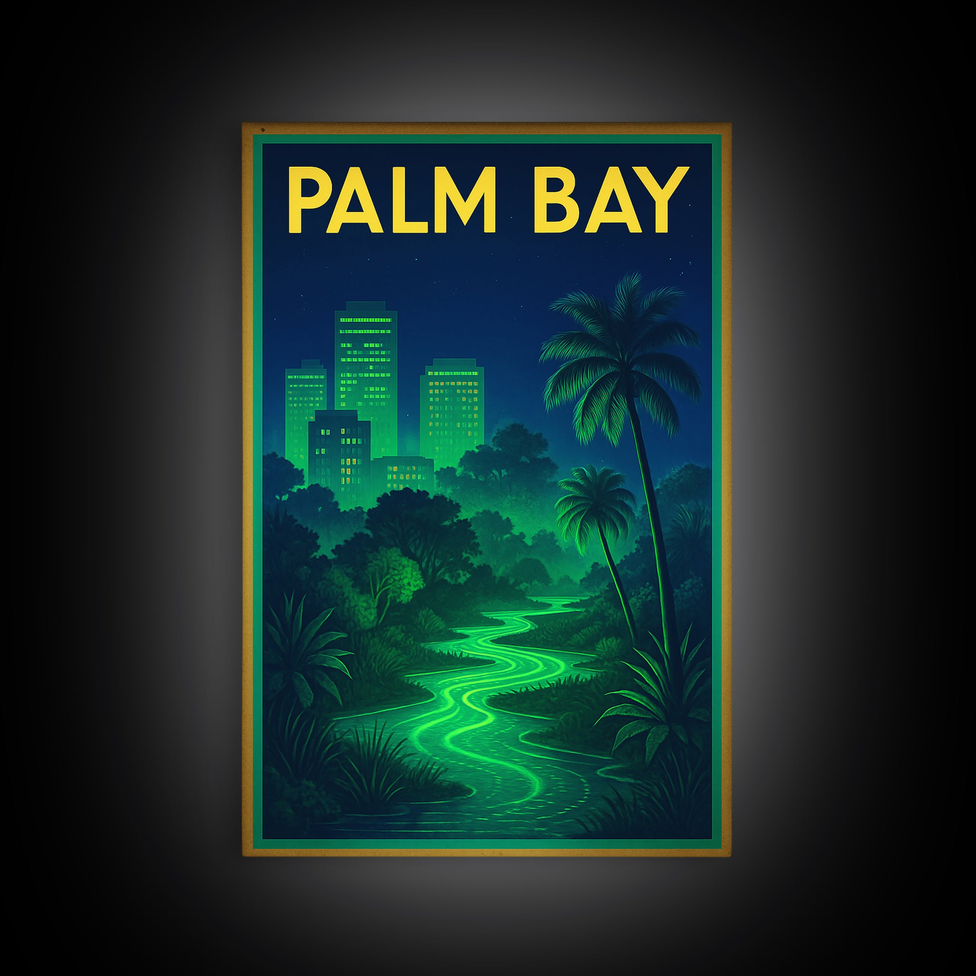 Palm Bay Travel Poster, Framed Canvas Print, Electric Night Poster Art, Palm Bay City Art, Travel Wall Art, City Travel Prints