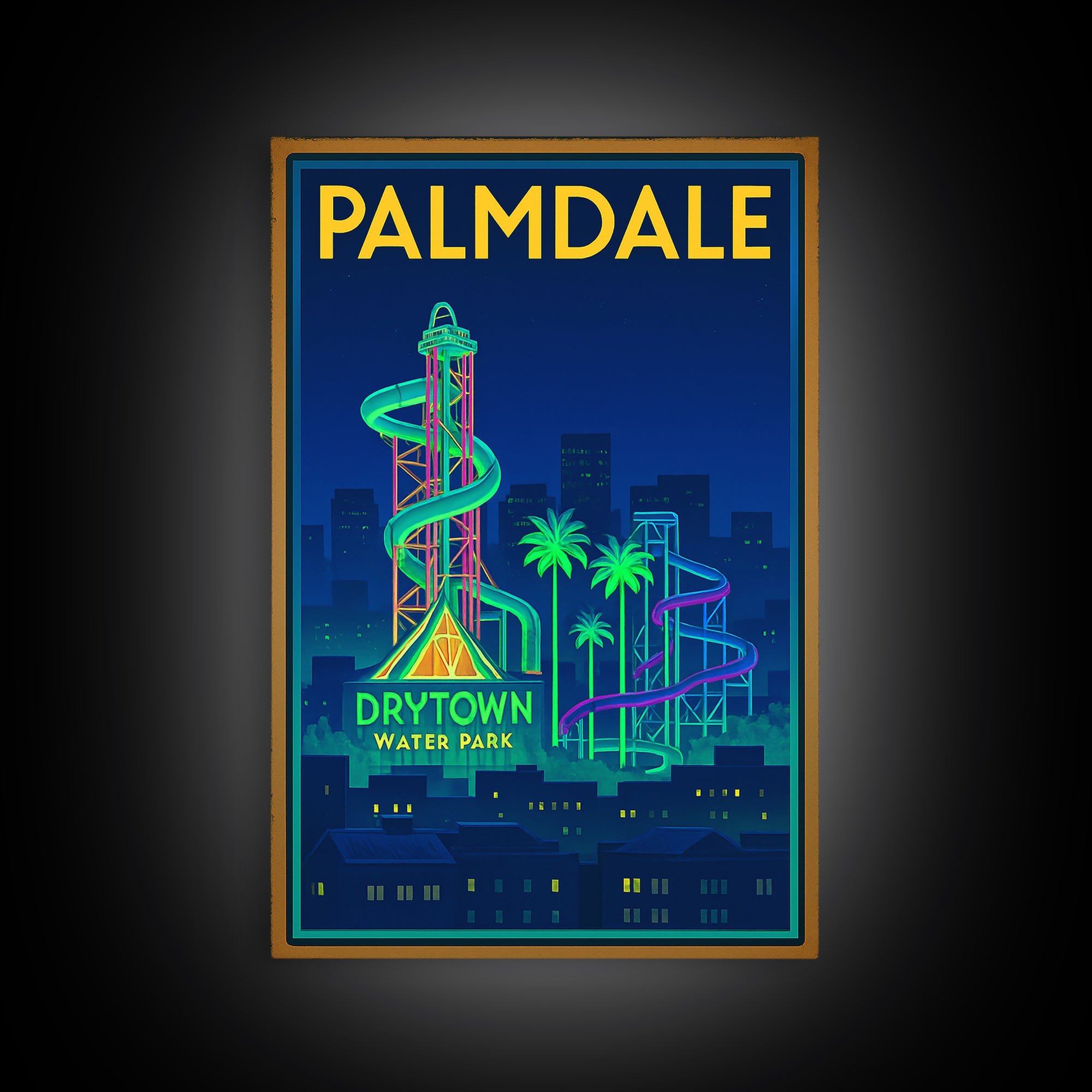 Palmdale Travel Poster, Framed Canvas Print, Neon Skyline Wall Art, Palmdale City Art, Vintage City Art, Mid Century Wall Art