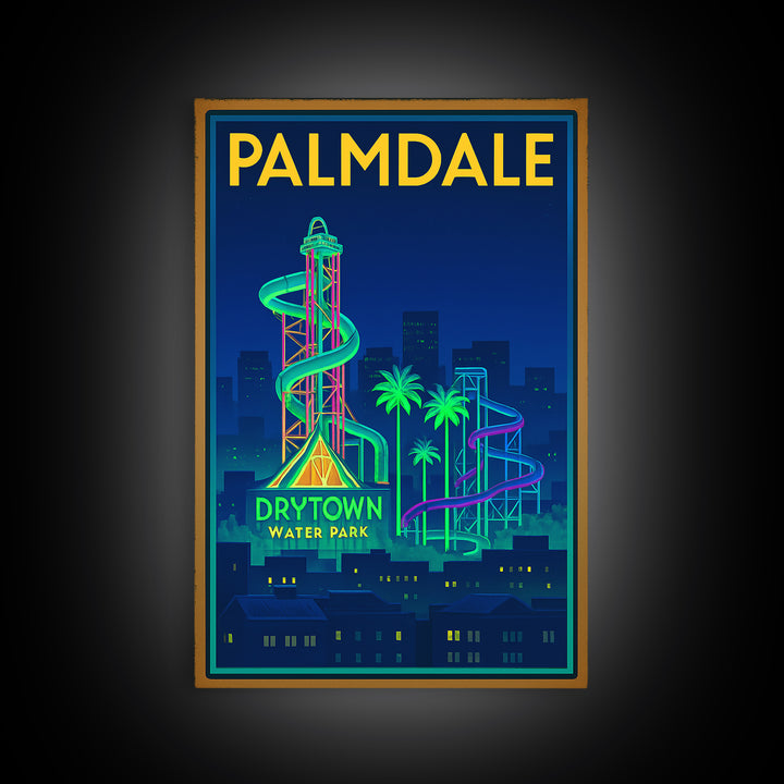 Palmdale Travel Poster, Framed Canvas Print, Neon Skyline Wall Art, Palmdale City Art, Vintage City Art, Mid Century Wall Art