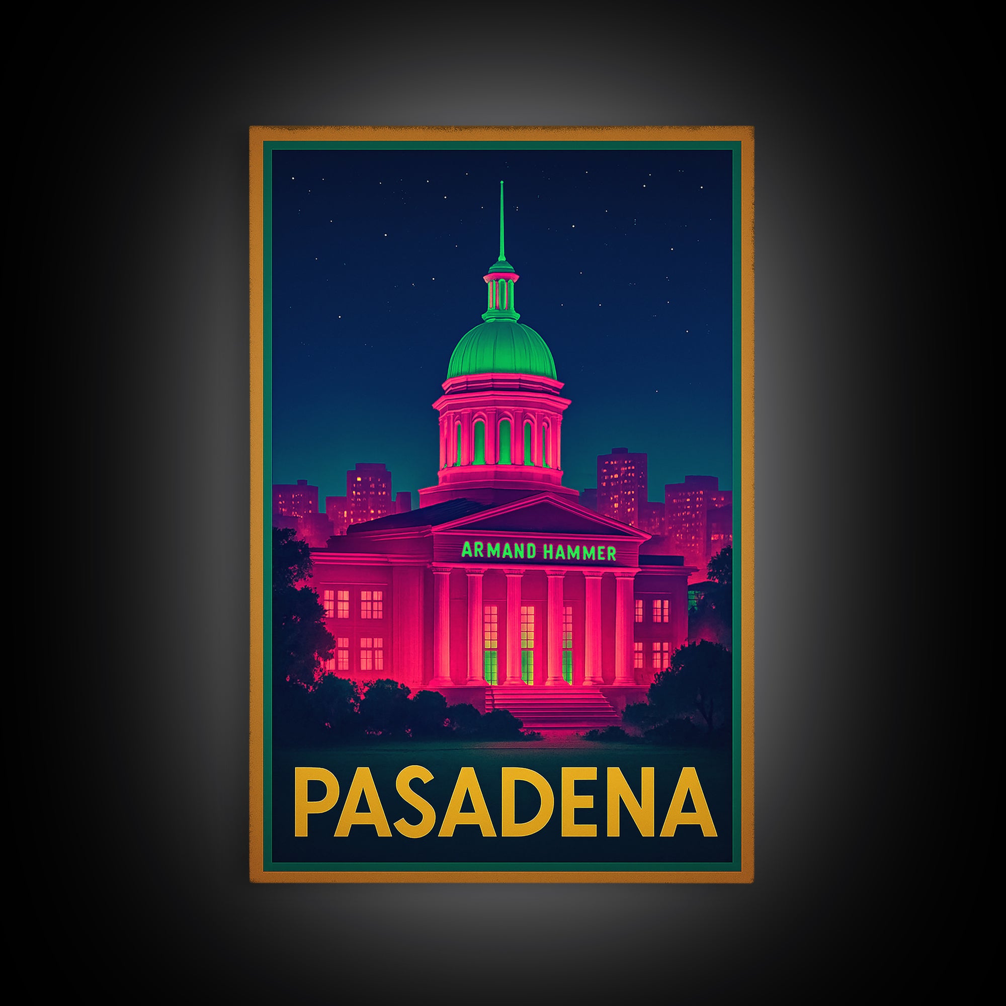 Pasadena California Travel Poster, Canvas Print, Retro Neon Travel Art, Pasadena Art Print, Skyline Art, Gift For Travelers, Wall Decor