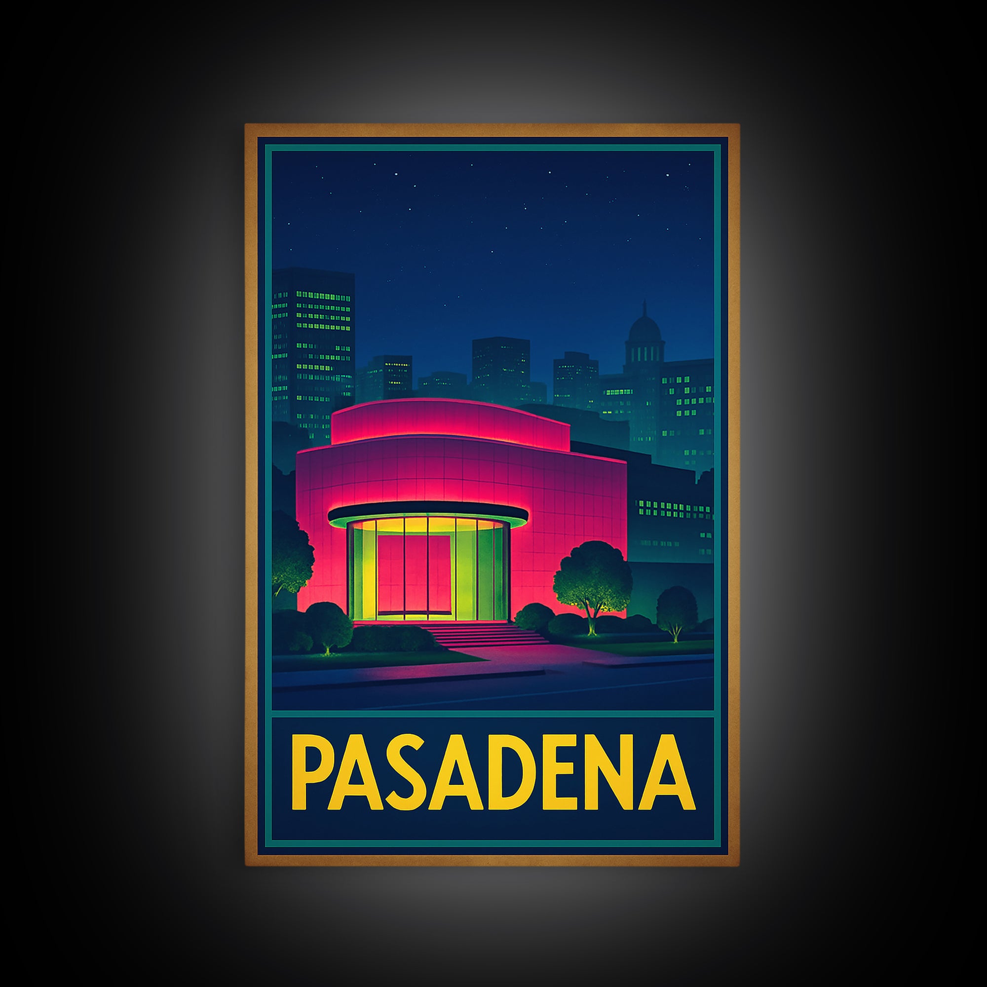 Pasadena Travel Poster, Framed Canvas Print, Retro Neon Travel Art, Pasadena Travel Art, Fine Art Print, Living Room Wall Art, Design 2