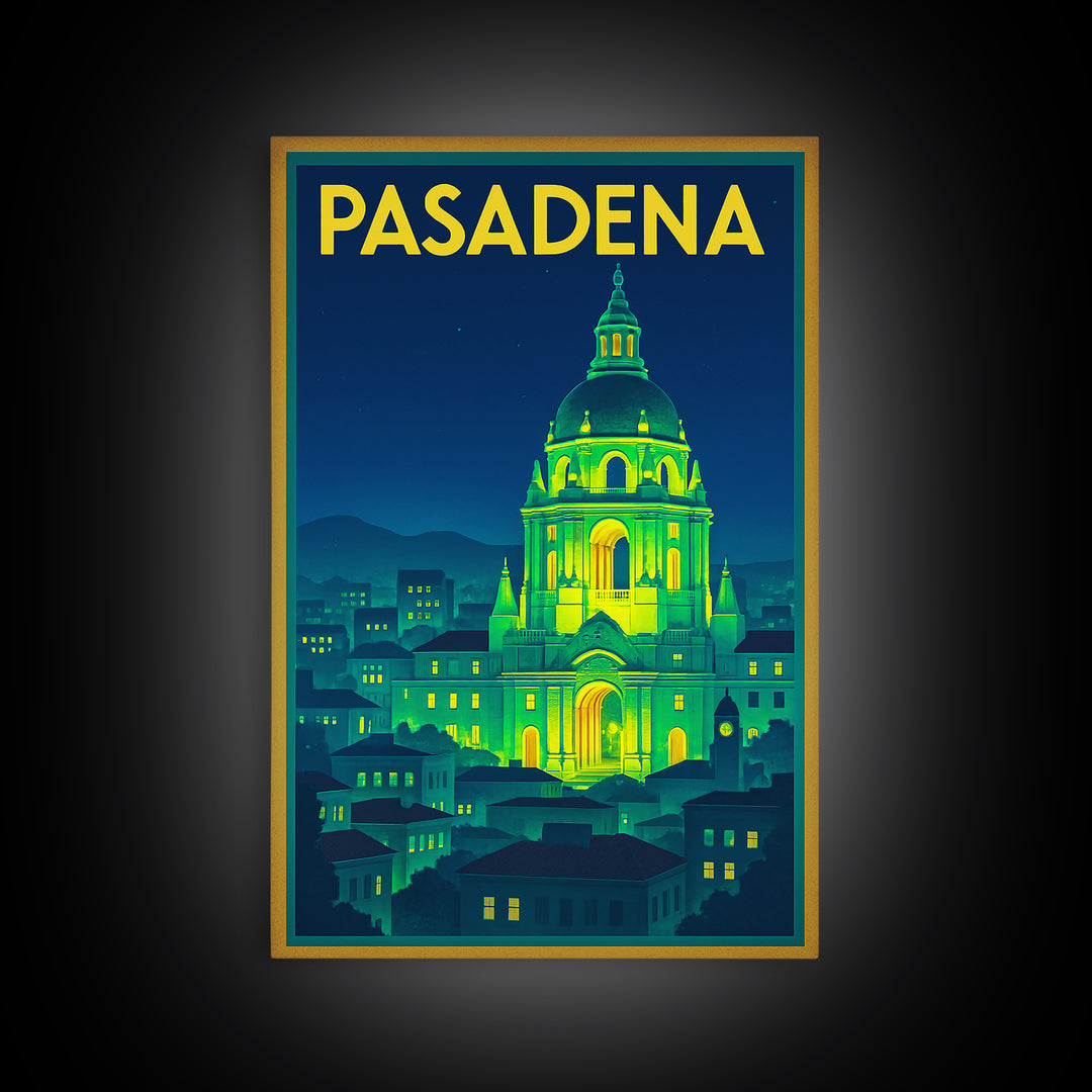 Pasadena Travel Poster, Framed Canvas Print, Neon Cityscape Wall Art, Pasadena Wall Art, Wanderlust Decor, Gift For Travelers, Design 3