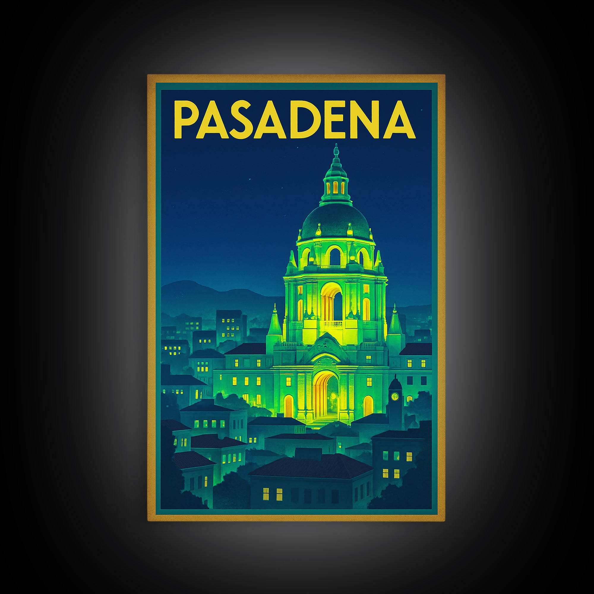 Pasadena Travel Poster, Framed Canvas Print, Neon Cityscape Wall Art, Pasadena Wall Art, Wanderlust Decor, Gift For Travelers, Design 3