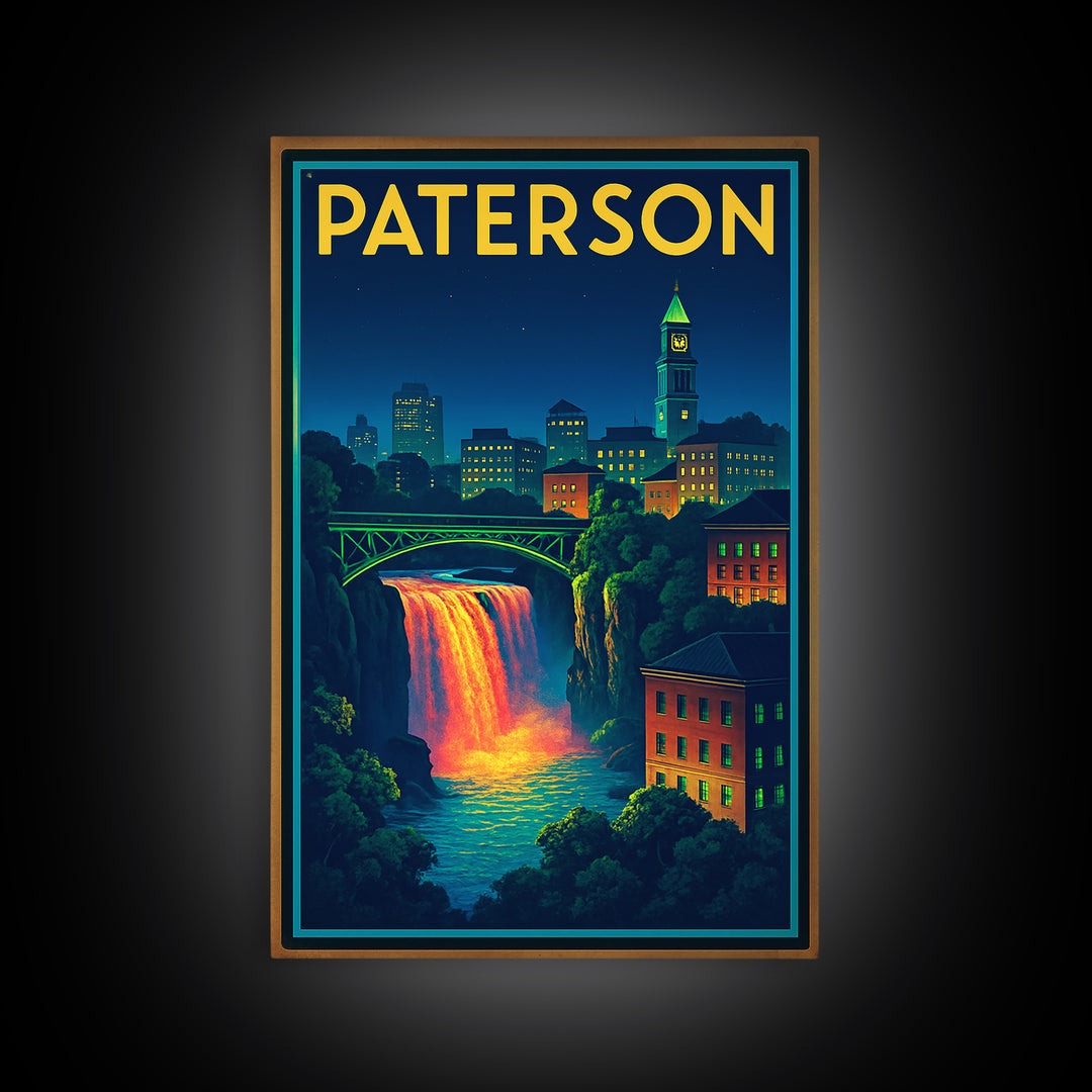Paterson Travel Poster, Framed Canvas Print, Electric Night Poster Art, Paterson Wall Art, City Travel Prints, Home Office Decor