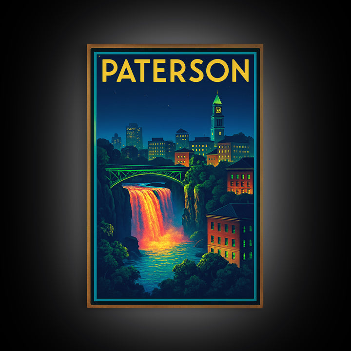Paterson Travel Poster, Framed Canvas Print, Electric Night Poster Art, Paterson Wall Art, City Travel Prints, Home Office Decor