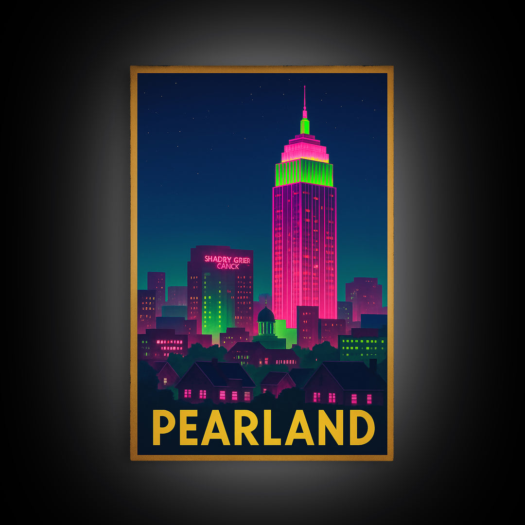 Pearland Texas Travel Poster, Canvas Print, Cyberpunk Style City Art, Pearland Travel Art, Mid Century Wall Art, Retro Travel Print