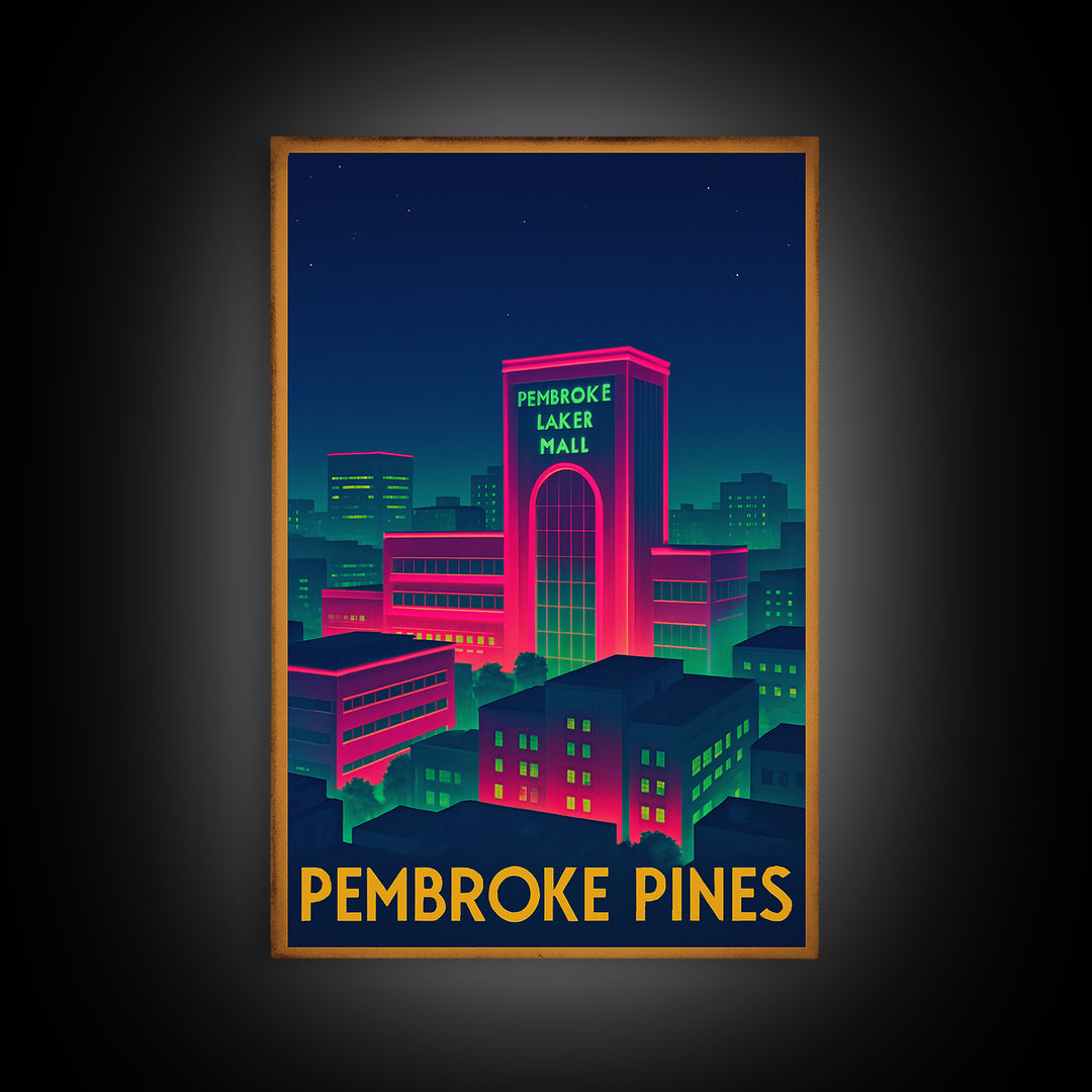 Pembroke Pines Florida Travel Poster, Canvas Print, Retro Neon Travel Art, Pembroke Pines Art Print, Home Office Decor, City Art Print