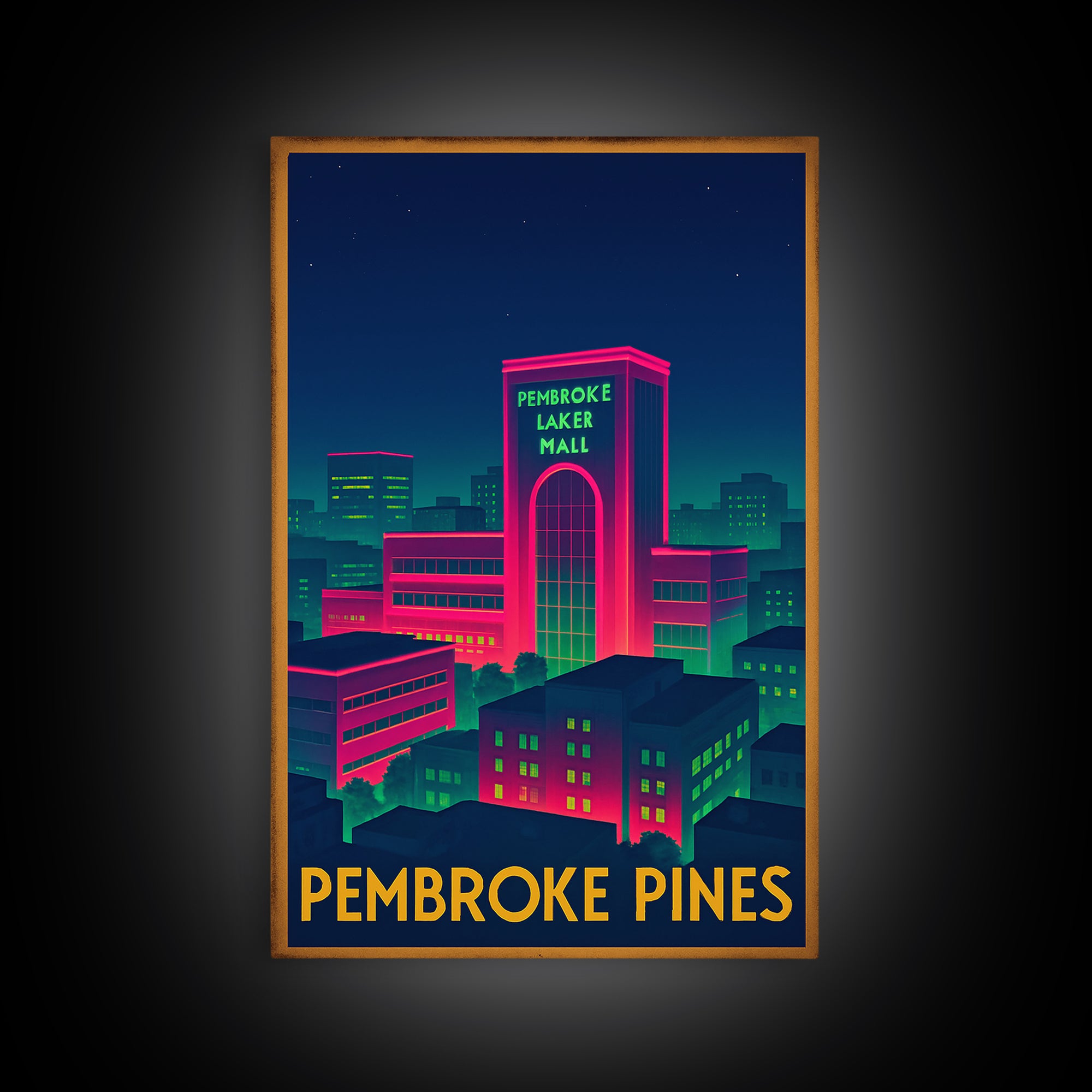 Pembroke Pines Florida Travel Poster, Canvas Print, Retro Neon Travel Art, Pembroke Pines Art Print, Home Office Decor, City Art Print