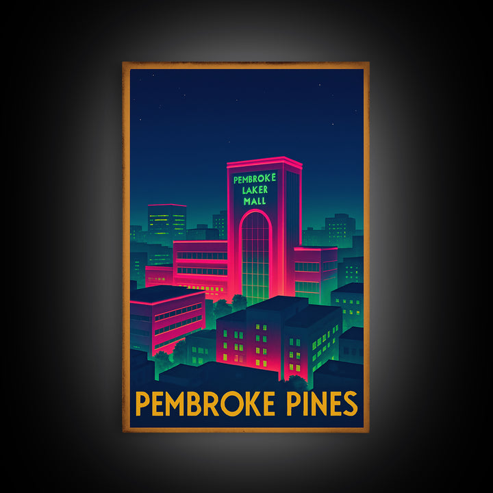 Pembroke Pines Florida Travel Poster, Canvas Print, Retro Neon Travel Art, Pembroke Pines Art Print, Home Office Decor, City Art Print