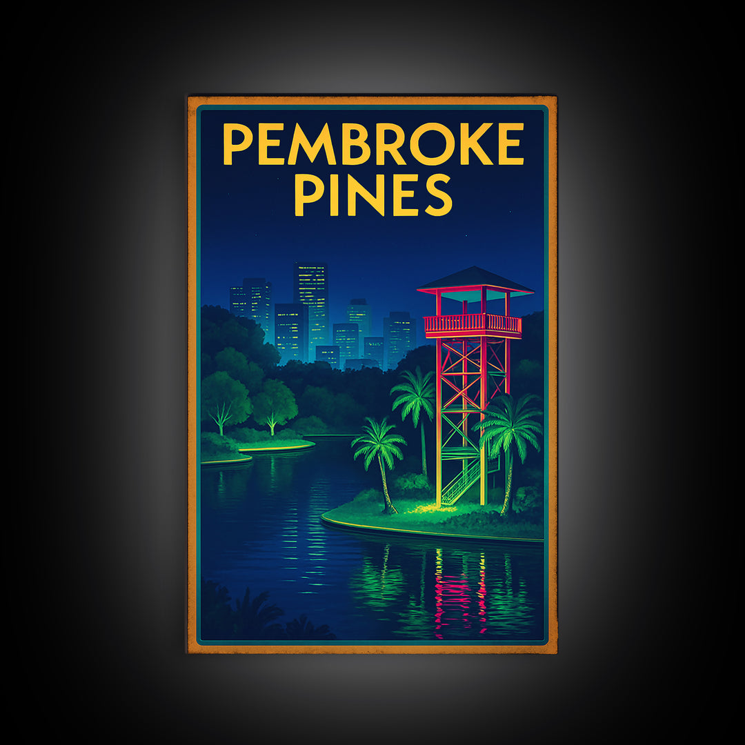 Pembroke Pines Travel Poster, Framed Canvas Print, Electric Night Poster Art, Pembroke Pines City Art, Mid Century Wall Art, Travel Gift