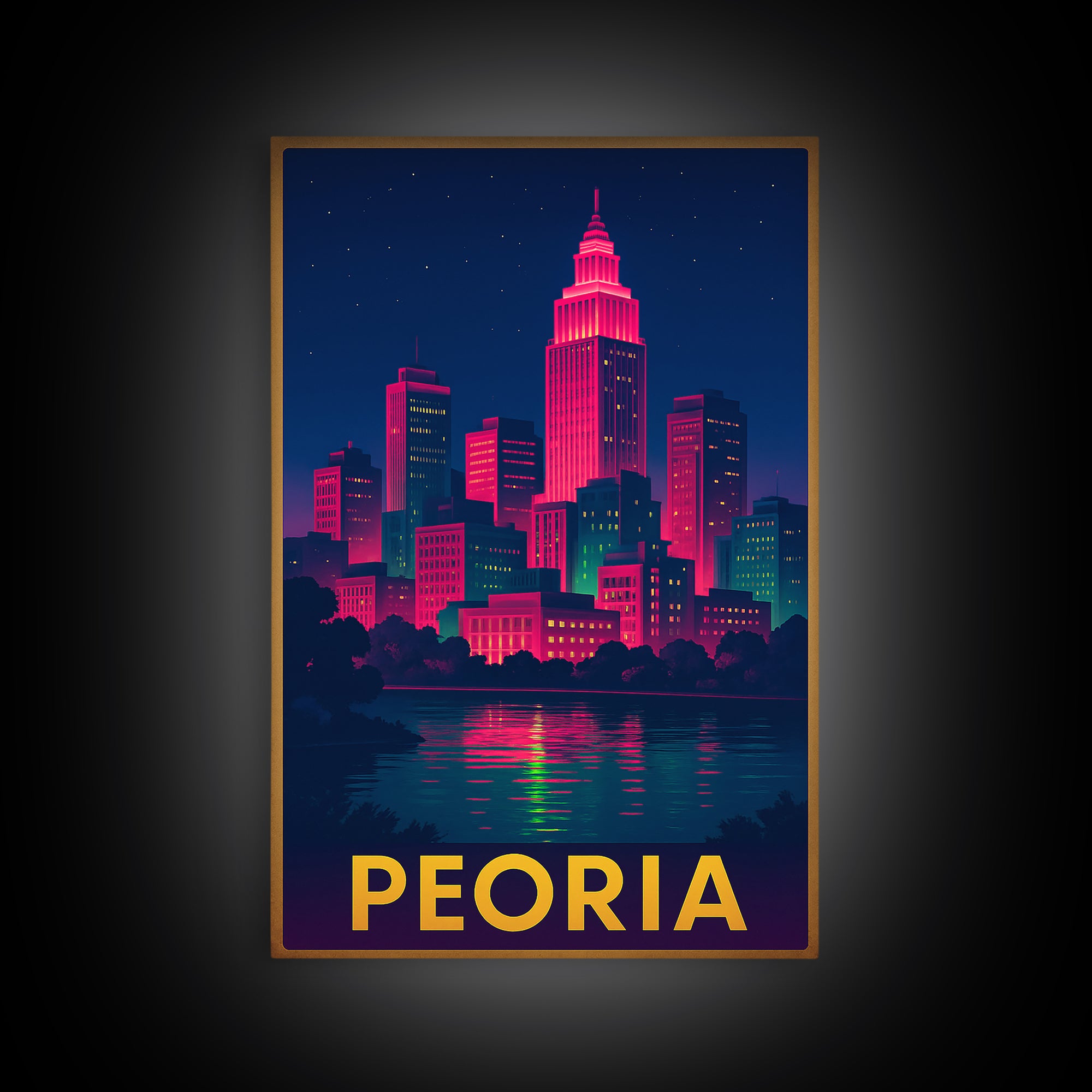 Peoria Travel Poster, Canvas Print, Electric Night Poster Art, Peoria Art Print, Vintage City Poster, City Illustration, City Travel Prints