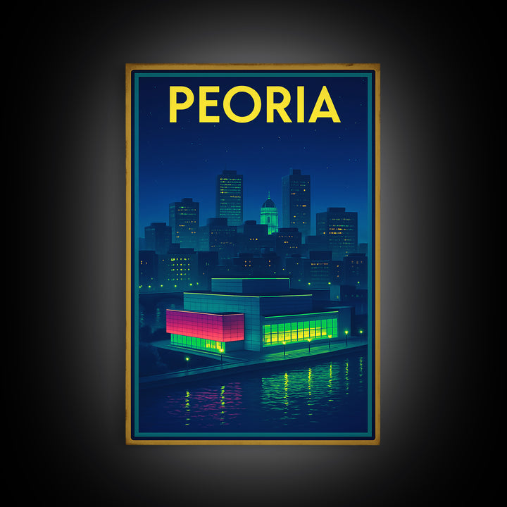 Peoria Travel Poster, Canvas Print, Retro Neon Travel Art, Peoria Art Print, Watercolor Skyline, City Art Print, Living Room Wall Art