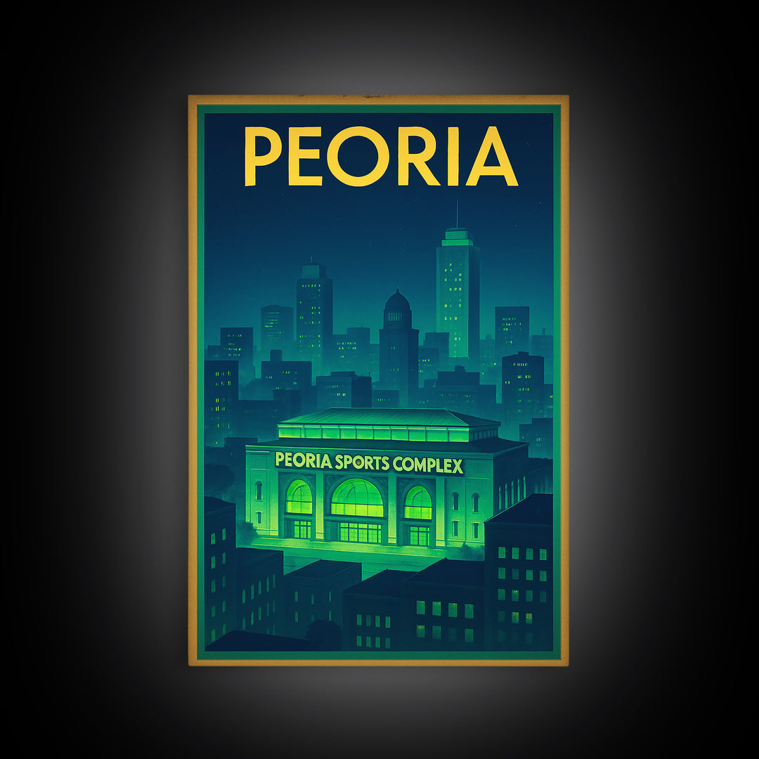 Peoria Travel Poster, Framed Canvas Print, Electric Night Poster Art, Peoria Poster Print, Travel Wall Decor, Wanderlust Decor