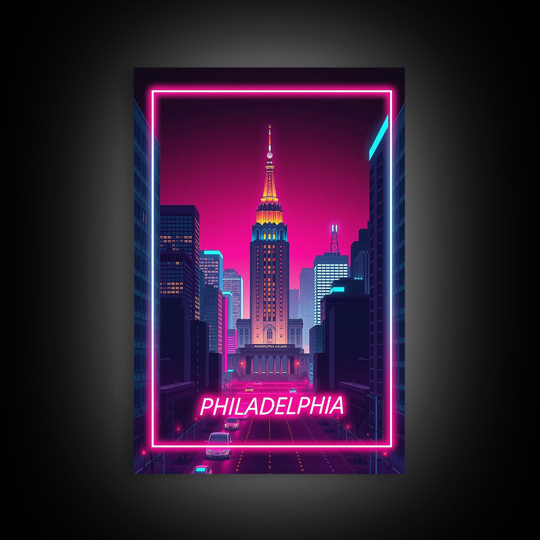 Philadelphia Pennsylvania Travel Poster, Canvas Print, Electric Night Poster Art, Philadelphia Art Print, Wall Art, Home Office Decor