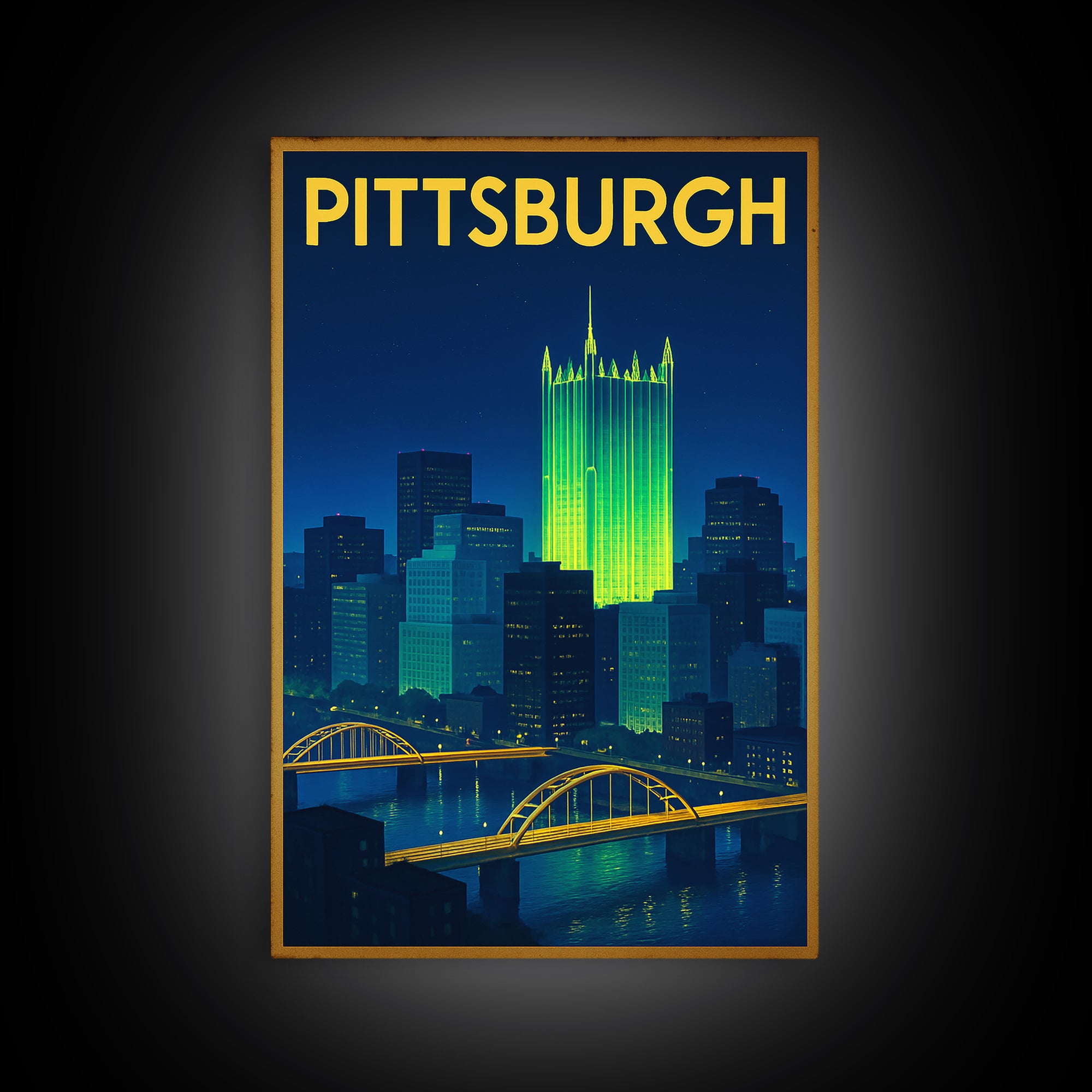 Pittsburgh Travel Poster, Framed Canvas Print, Electric Night Poster Art, Pittsburgh Art Print, Vintage City Poster, Vintage Travel Art