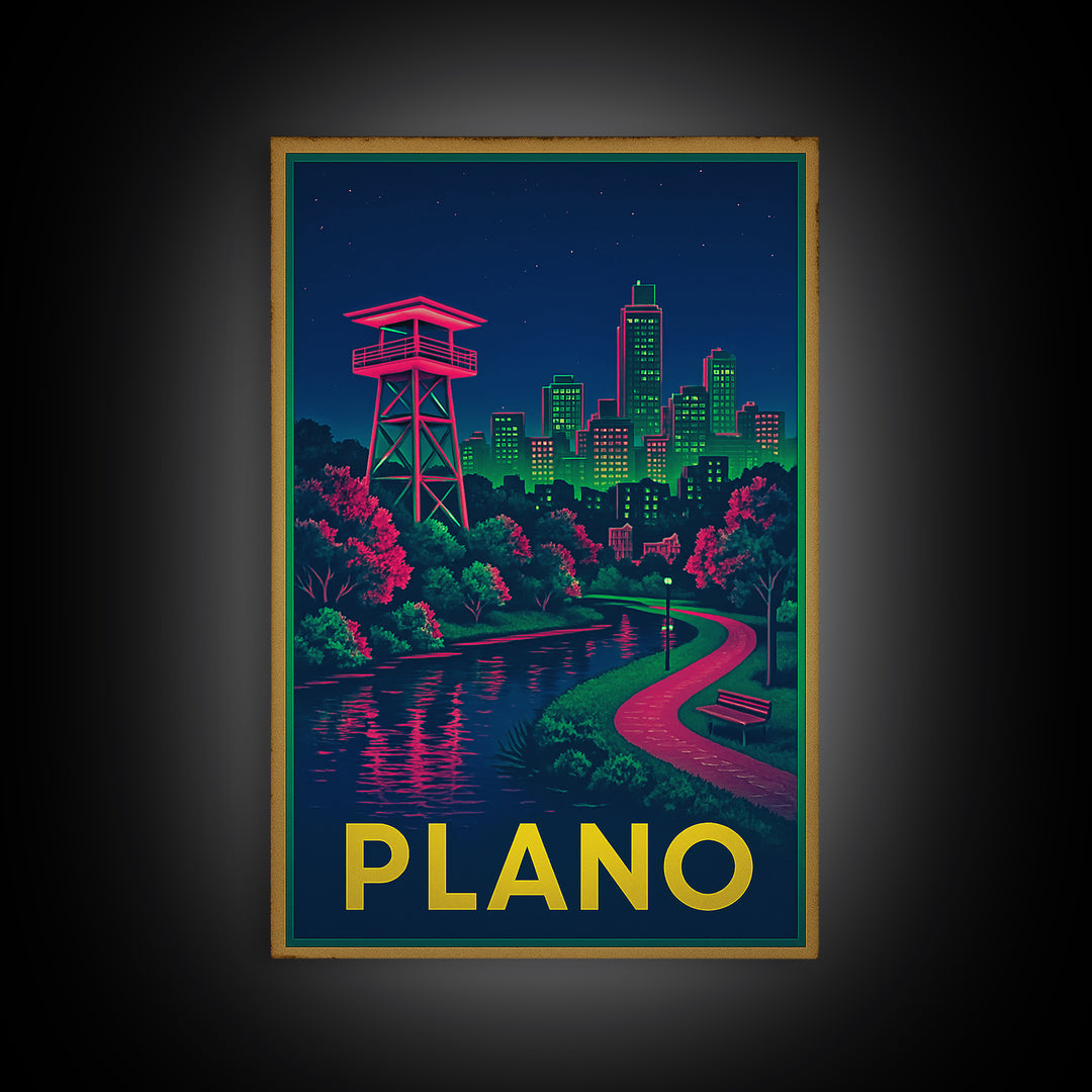 Plano Texas Travel Poster, Canvas Print, Neon Skyline Wall Art, Plano Wall Art, Gift For Travelers, Modern Wall Decor, City Travel Prints