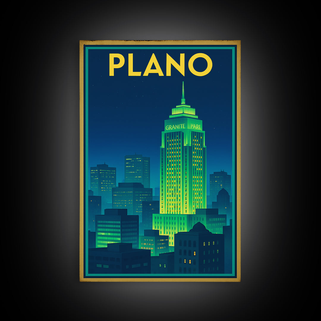 Plano Travel Poster, Framed Canvas Print, Electric Night Poster Art, Plano Travel Art, Watercolor Urban Skyline, Modern Wall Decor