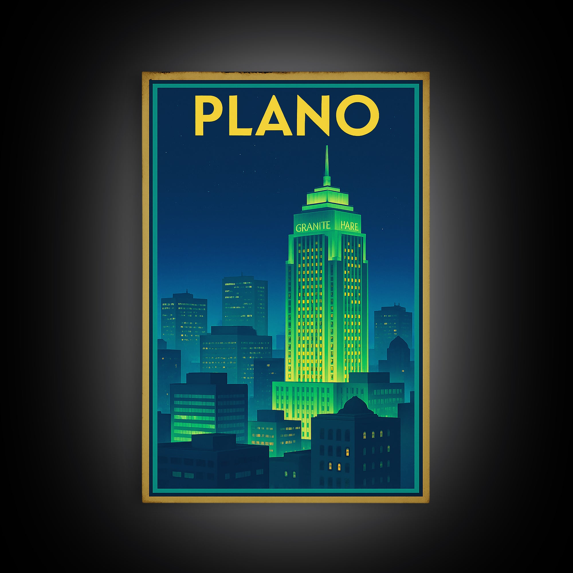 Plano Travel Poster, Framed Canvas Print, Electric Night Poster Art, Plano Travel Art, Watercolor Urban Skyline, Modern Wall Decor