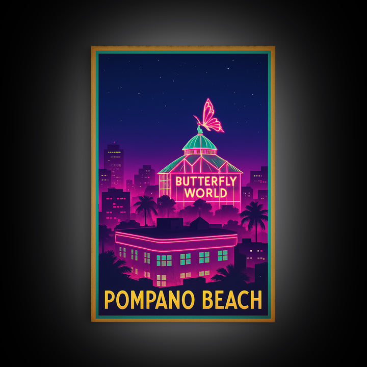 Pompano Beach Florida Travel Poster, Canvas Print, Electric Night Poster Art, Pompano Beach City Art, City Art Print, Eclectic Wall Decor
