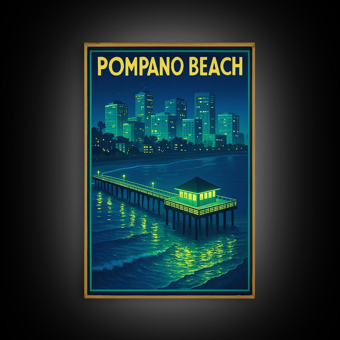Pompano Beach Travel Poster, Canvas Print, Electric Night Poster Art, Pompano Beach Poster Print, Travel Art Print, Gift For Travelers