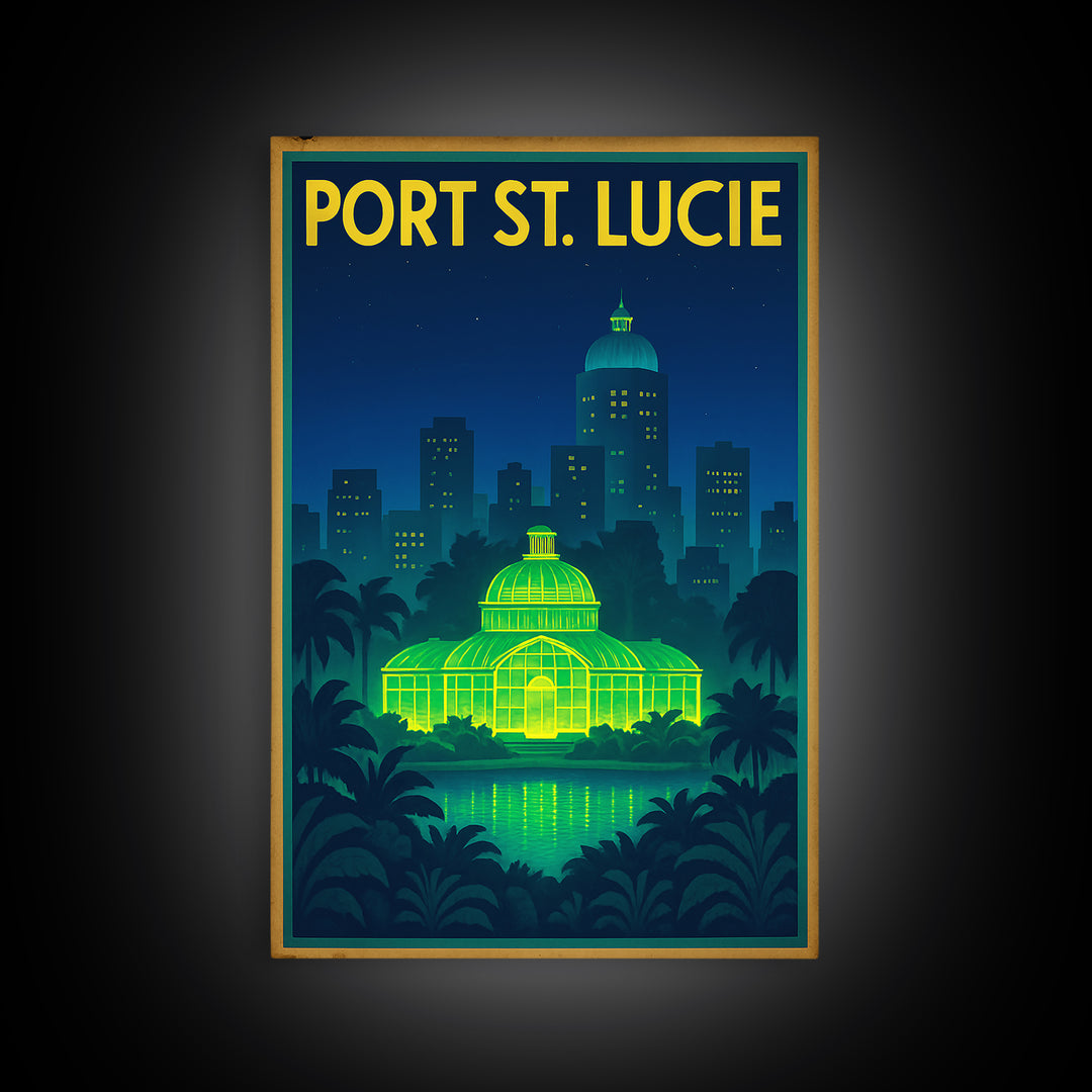 Port St Lucie Travel Poster, Framed Canvas Print, Electric Night Poster Art, Port St Lucie City Art, City Travel Prints, Home Office Decor