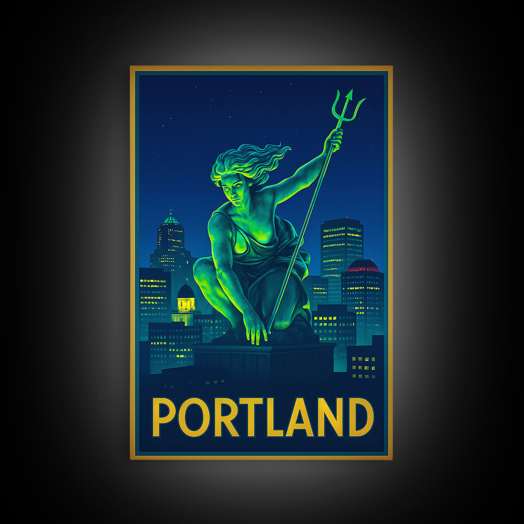 Portland Oregon Travel Poster, Framed Canvas Print, Retro Neon Travel Art, Portland Travel Art, Home Office Decor, Retro Travel Print