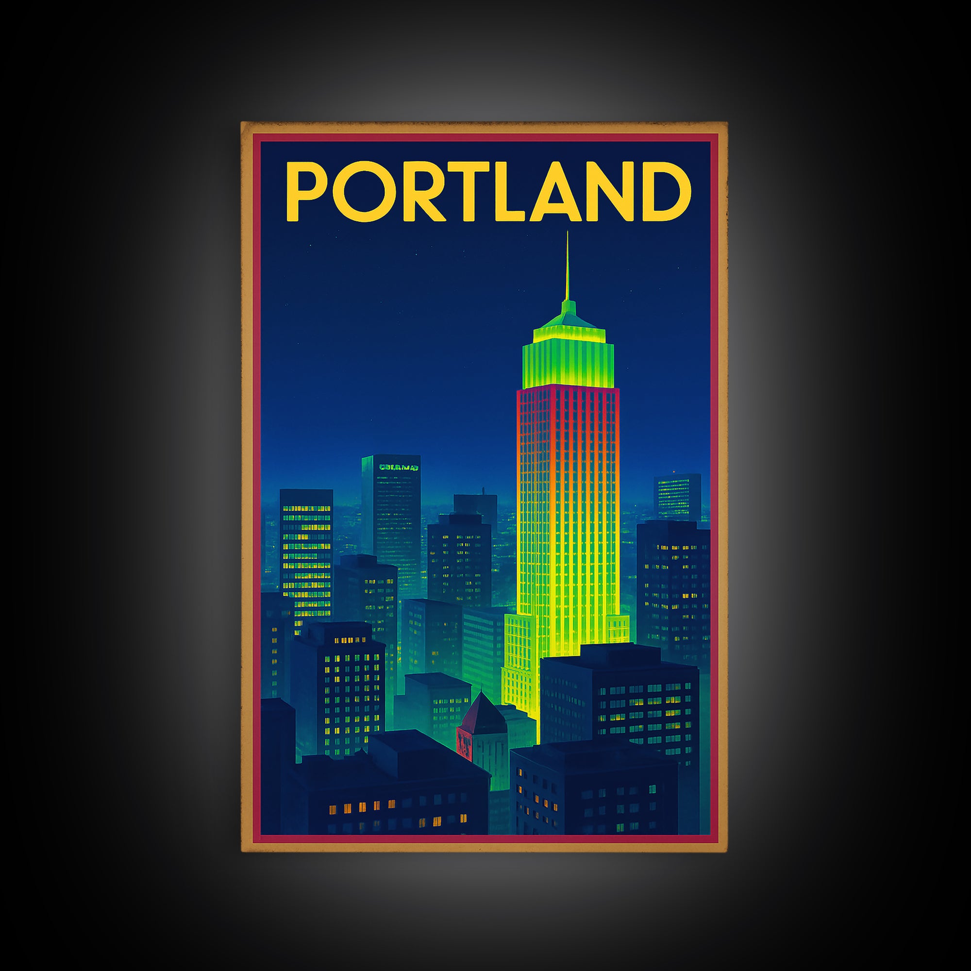 Portland Travel Poster, Framed Canvas Print, Cyberpunk Style City Art, Portland Wall Art, Fine Art Print, Watercolor Skyline