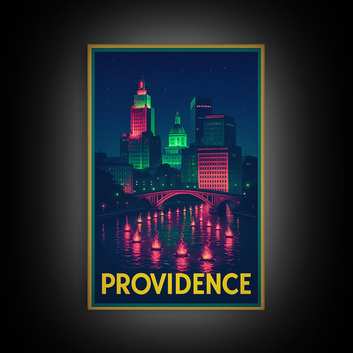 Providence Rhode Island Travel Poster, Canvas Print, Retro Neon Travel Art, Providence Travel Art, Travel Art Print, Vintage Travel Print