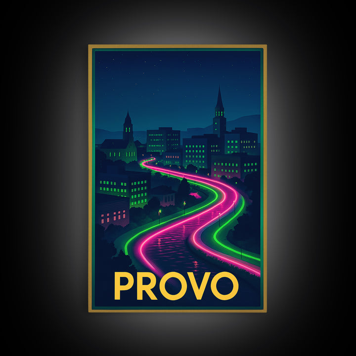 Provo Utah Travel Poster, Canvas Print, Neon Downtown Skyline Wall Art, Provo Wall Art, City Illustration, Gift For Travelers, Wall Art