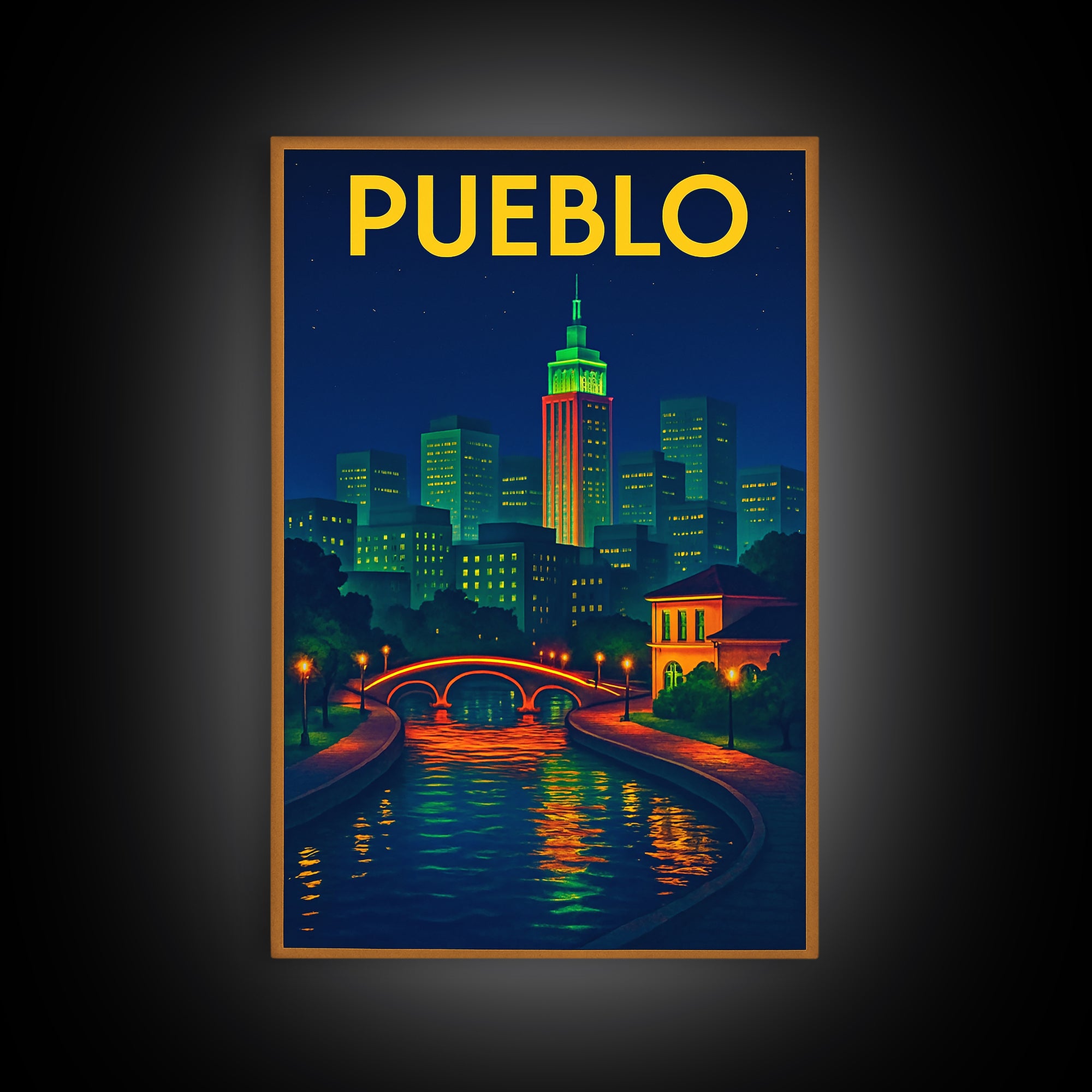 Pueblo Travel Poster, Canvas Print, Retro Neon Travel Art, Pueblo Wall Art, Travel Art Print, Travel Poster Art, Eclectic Wall Decor