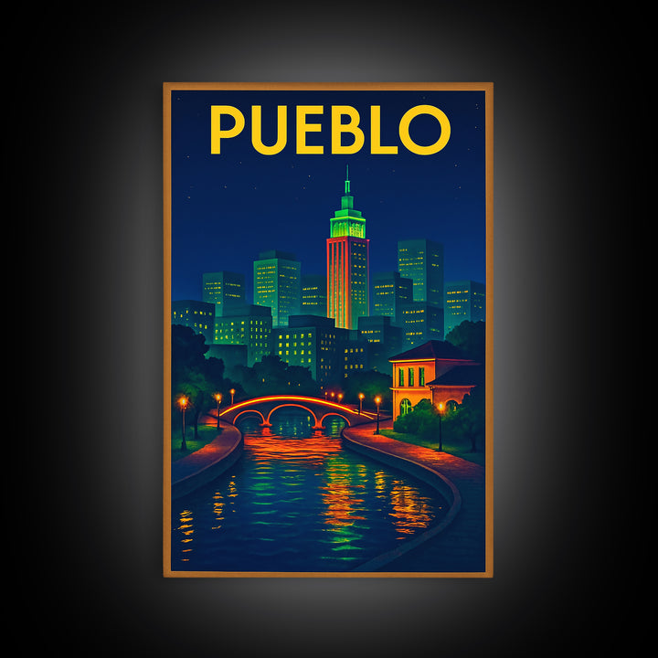 Pueblo Travel Poster, Canvas Print, Retro Neon Travel Art, Pueblo Wall Art, Travel Art Print, Travel Poster Art, Eclectic Wall Decor