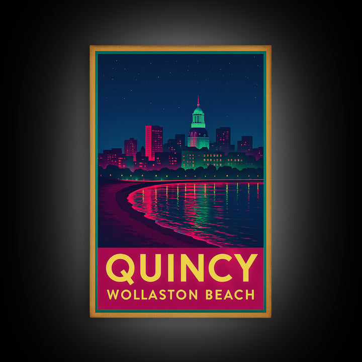 Quincy Massachusetts Travel Poster, Canvas Print, Retro Neon Travel Art, Quincy Travel Art, Travel Wall Decor, Home Office Decor, Art Print