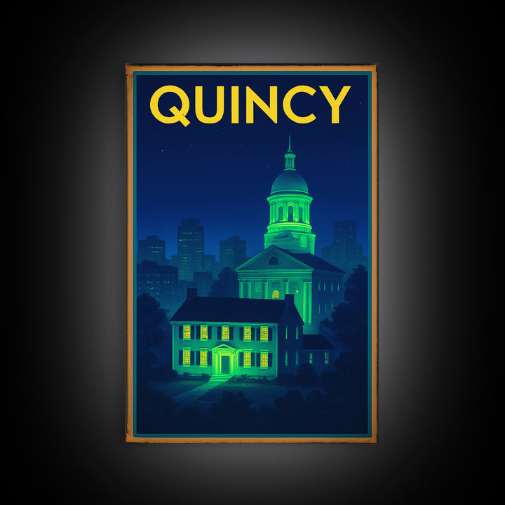 Quincy Travel Poster, Canvas Print, Neon Urban Skyline Wall Art, Quincy Wall Art, Modern Wall Decor, Fine Art Print, Living Room Wall Art