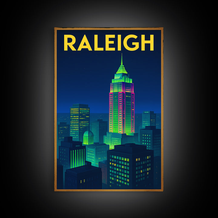 Raleigh Travel Poster, Framed Canvas Print, Retro Neon Travel Art, Raleigh Travel Art, Travel Poster Set, Gift For Travelers, Home Decor