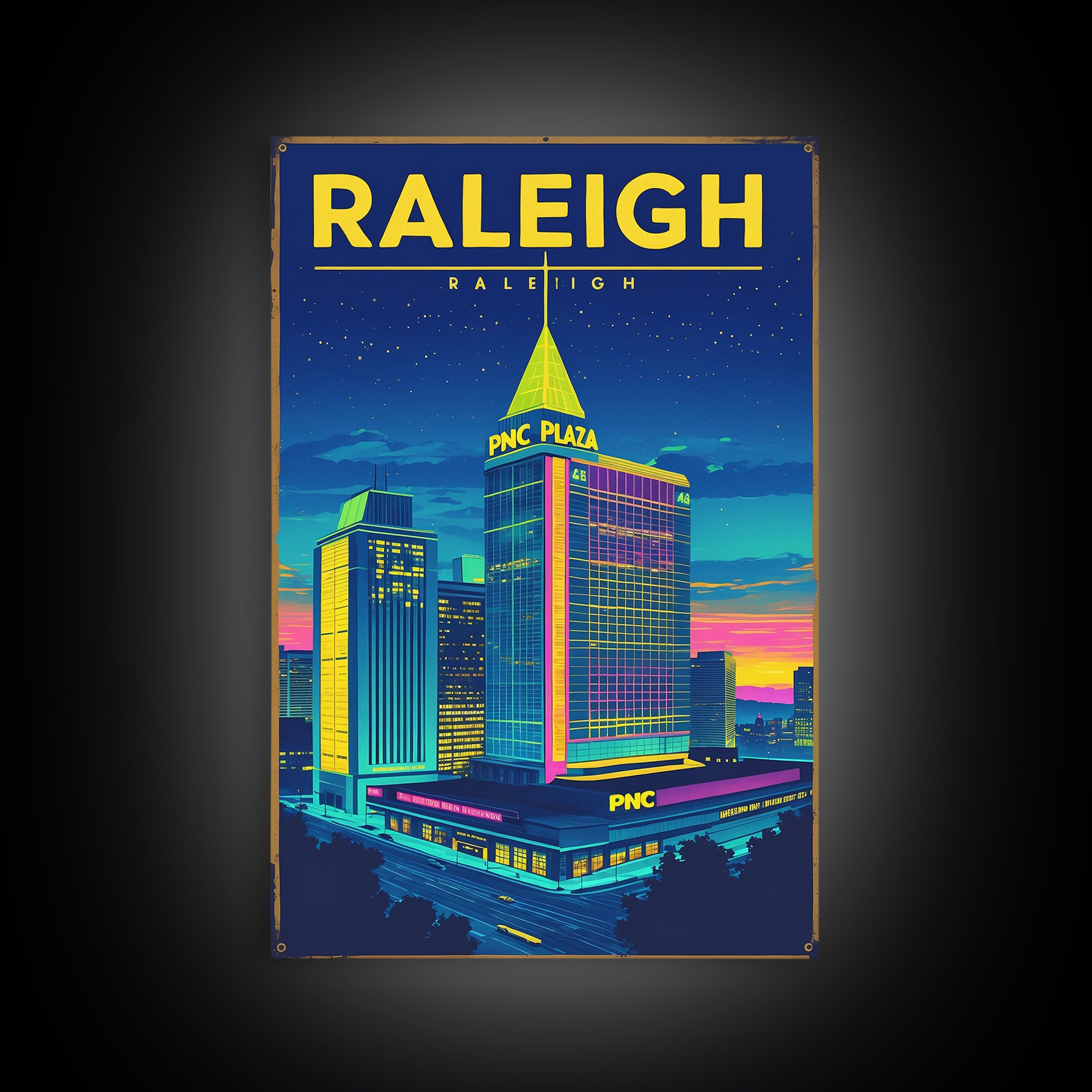 Raleigh Travel Poster, Framed Canvas Print, Electric Night Poster Art, Raleigh Art Print, Vintage Travel Art, City Illustration