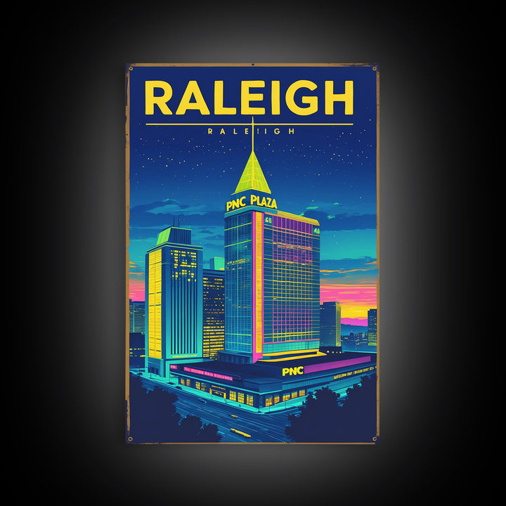 Raleigh Travel Poster, Framed Canvas Print, Electric Night Poster Art, Raleigh Art Print, Vintage Travel Art, City Illustration