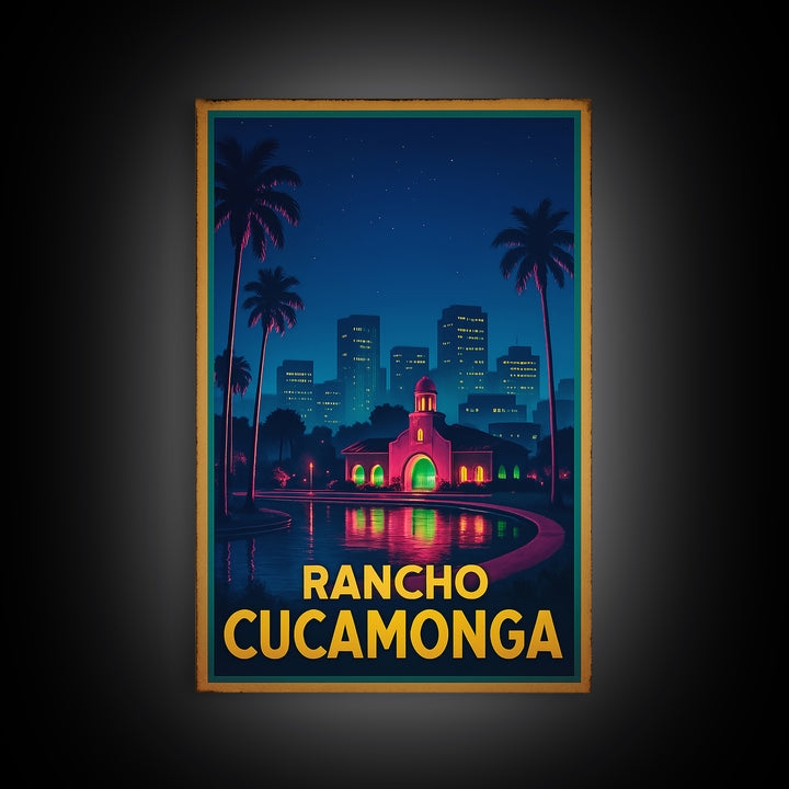 Rancho Cucamonga California Travel Poster, Canvas Print, Neon City Skyline Wall Art, Rancho Cucamonga Wall Art, Travel Art Print, Art Print