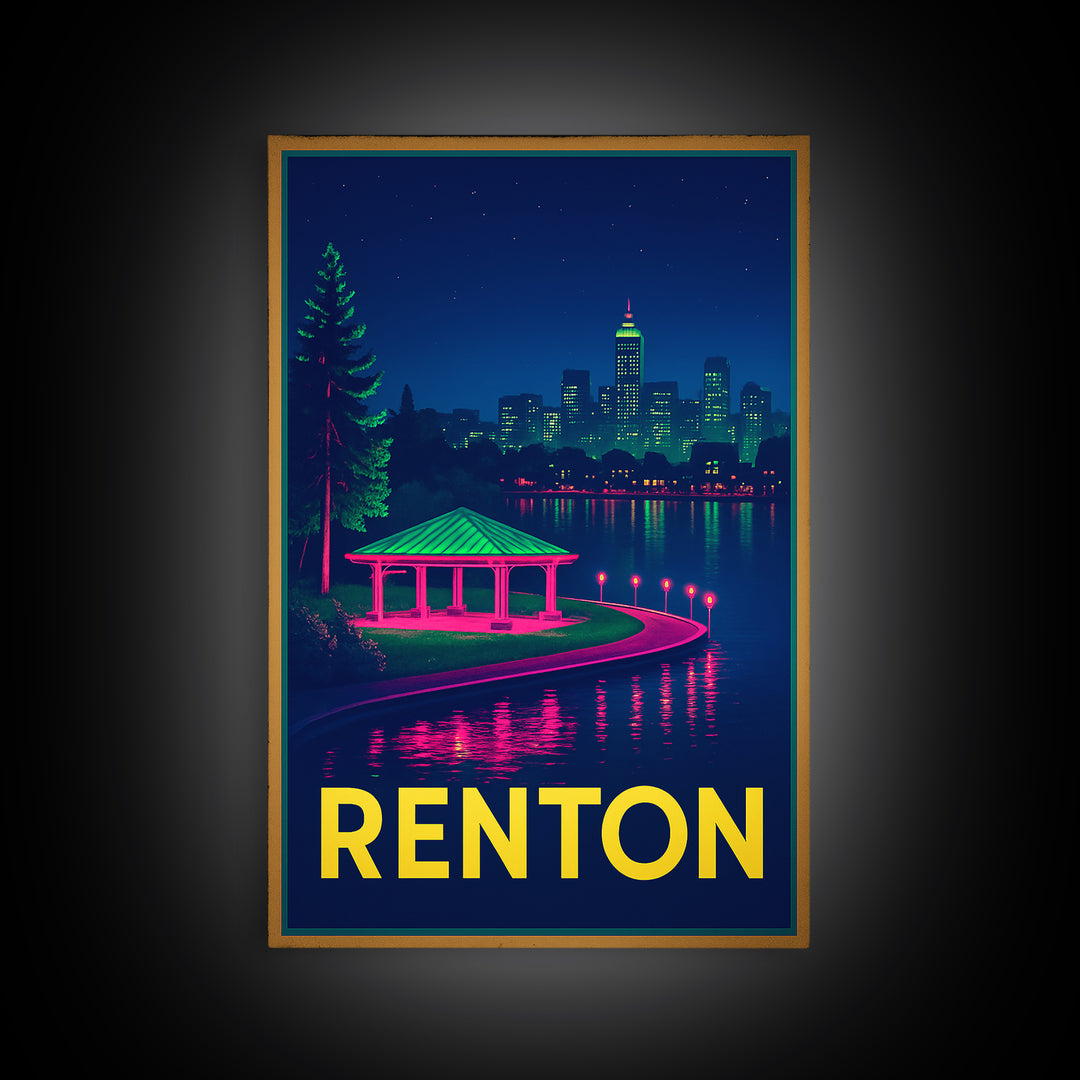Renton Washington Travel Poster, Canvas Print, Neon Downtown Skyline Wall Art, Renton Travel Art, Travel Prints, Wanderlust Decor, Art Print