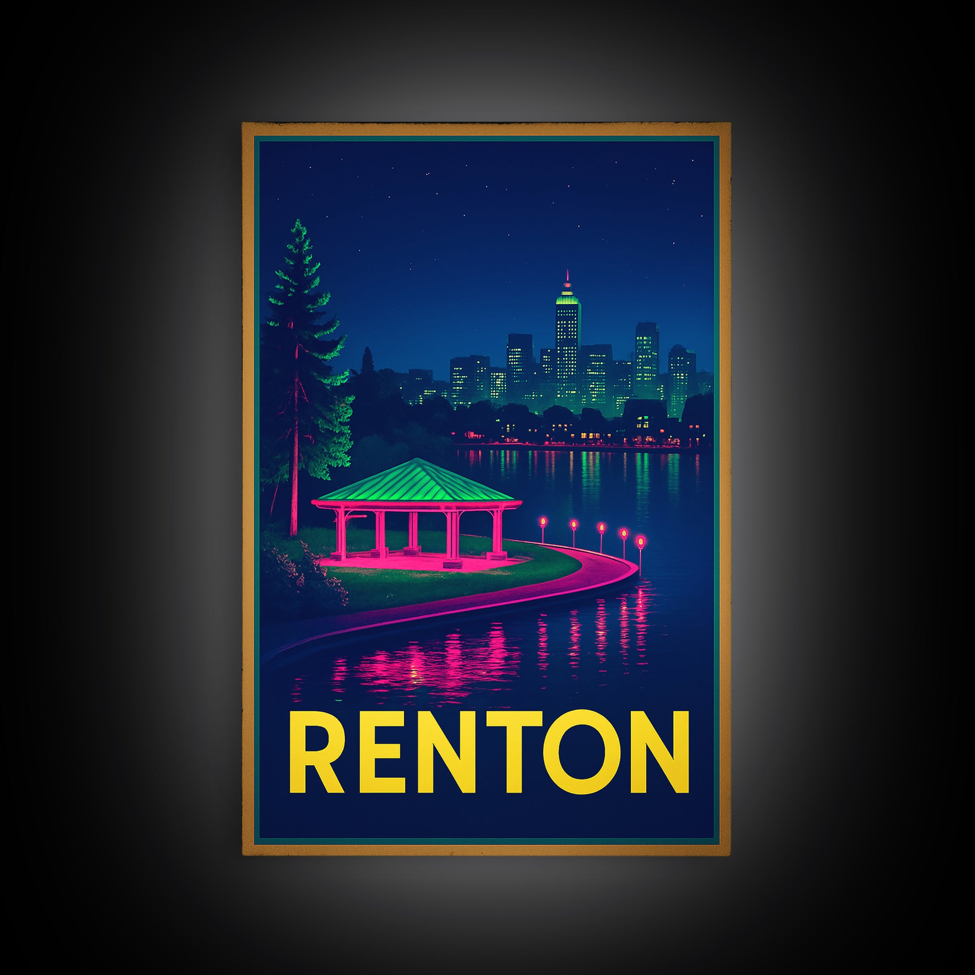 Renton Washington Travel Poster, Canvas Print, Neon Downtown Skyline Wall Art, Renton Travel Art, Travel Prints, Wanderlust Decor, Art Print
