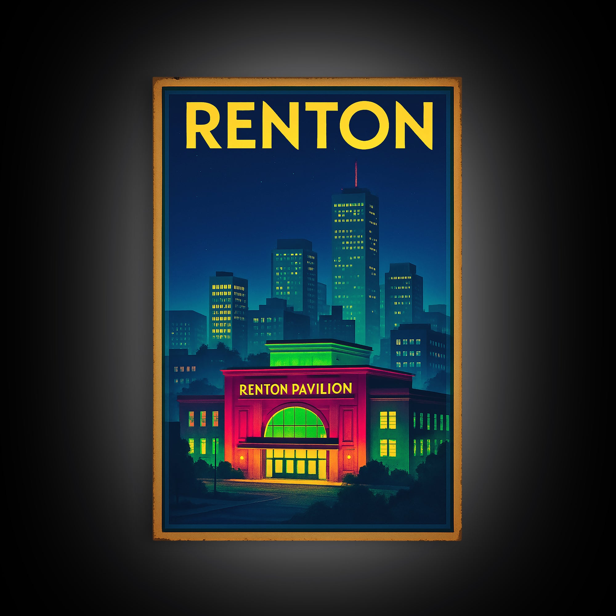 Renton Travel Poster, Canvas Print, Electric Night Poster Art, Renton Art Print, Living Room Wall Art, Vintage City Art, Fine Art Print