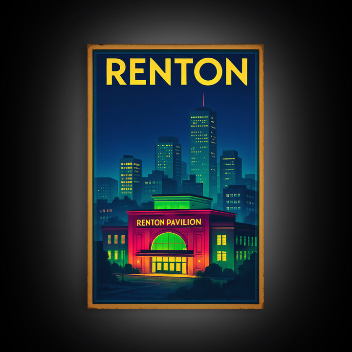 Renton Travel Poster, Canvas Print, Electric Night Poster Art, Renton Art Print, Living Room Wall Art, Vintage City Art, Fine Art Print