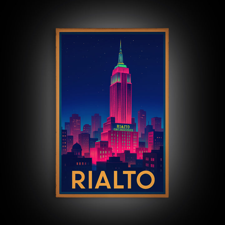 Rialto California Travel Poster, Canvas Print, Electric Night Poster Art, Rialto Wall Art, Travel Art, Travel Print, Wanderlust Decor