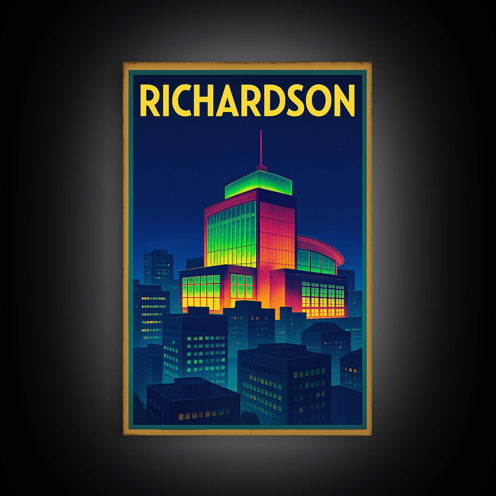 Richardson Travel Poster, Framed Canvas Print, Cyberpunk Style City Art, Richardson Art Print, Travel Wall Art, Eclectic Wall Decor